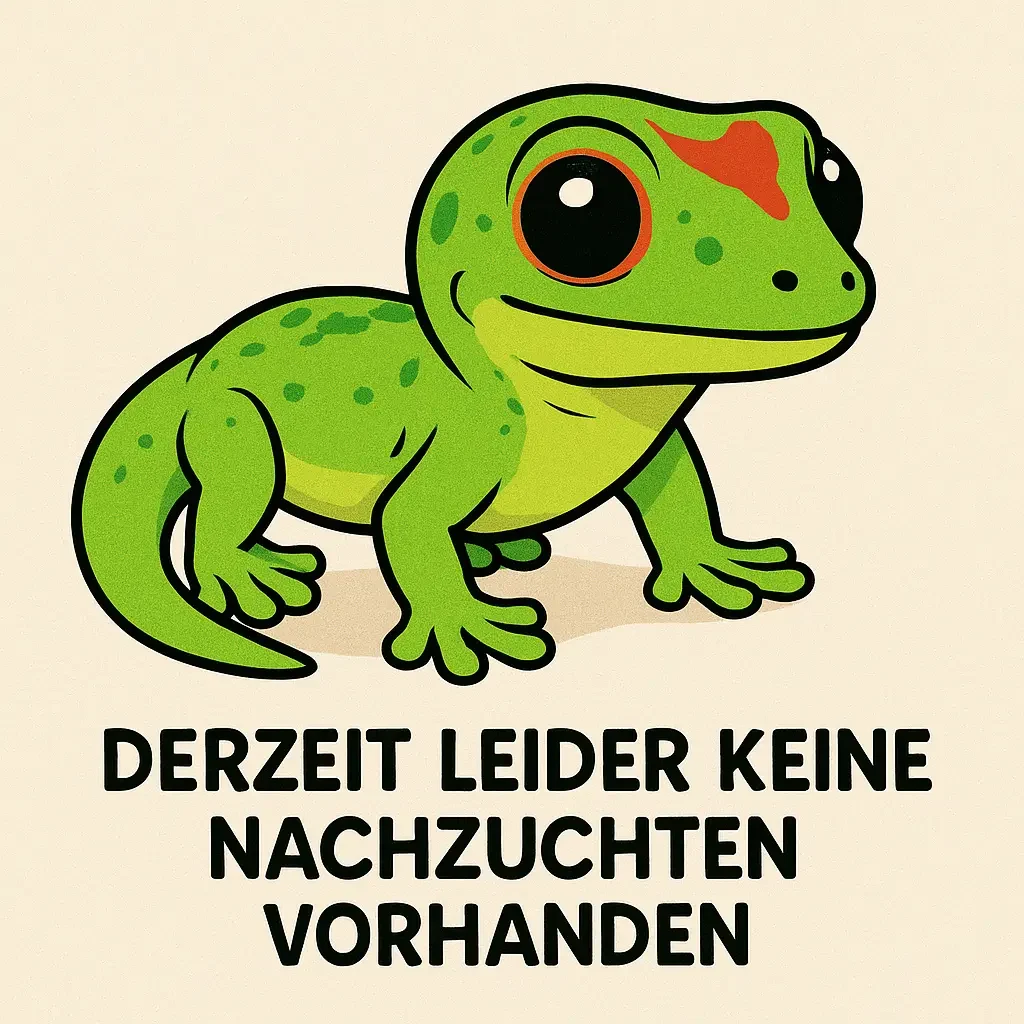 Grüner Gecko mit großen Augen und rotem Herz auf Kopf, darunter Text über Nachzuchten.