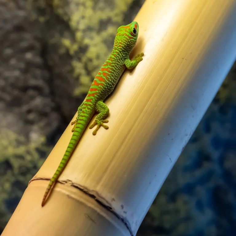 Phelsuma grandis Nachzucht Grüner Gecko krabbelt an einem Bambusrohr entlang.